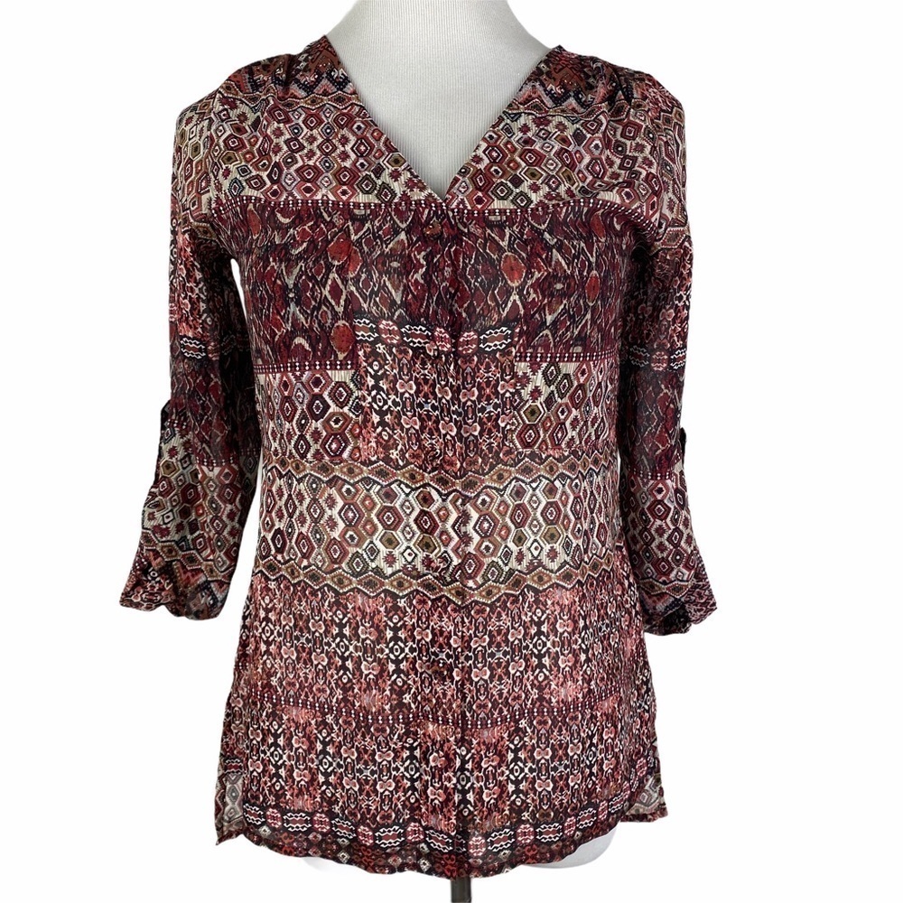 BKE Boutique Boho V-Neck High-Low Blouse Women's XS Maroon Black Button Down